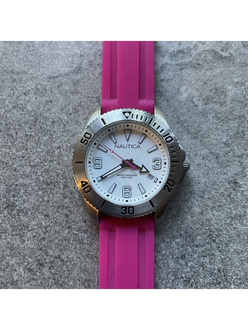 NAUTICA Silver Tone 37mm Watch Pink Silicone Band Wristwatch New Battery Bin P